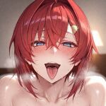 1girl ahegao ahegao_face ai_generated ange_katrina blue_eyes blush close-up collarbone light-skinned_female light_skin looking_at_viewer nijisanji open_mouth out_of_frame red_hair saliva sexually_suggestive short_hair steam steamy_breath sweat sweatdrop tongue tongue_out underdog454545 virtual_youtuber vtuber