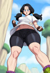 ai_generated bare_thighs big_breasts big_breasts bike_shorts black_hair blue_eyes blush dragon_ball dragon_ball_z huge_breasts huge_thighs light-skinned_female light_skin looking_down low-angle_view onlycakez open_mouth pigtails puffy_pussy pussy_visible_through_clothes solo_female squatting sweat sweatdrop t-shirt thick_body thick_female thick_thighs thighs videl voluptuous voluptuous_female