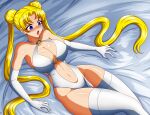 1girl adult_swim alluring alternate_body_size alternate_breast_size_(larger) bed big_breasts bishoujo_senshi_sailor_moon bishoujo_senshi_sailor_moon_r bishoujo_senshi_sailor_moon_r_the_movie bishoujo_senshi_sailor_moon_s bishoujo_senshi_sailor_moon_s_the_movie bishoujo_senshi_sailor_moon_supers bishoujo_senshi_sailor_moon_supers_the_movie blonde_hair blue_eyes blush cleavage double_bun dress gloves hair_bun legs long_hair navel o-ring open_mouth stockings thick_thighs thighs toei_animation toonami twin_tails usagi_tsukino wide_hips