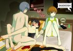 1boy 1girl 2_girls amagi_yukiko atlus bed bedroom black_hair brown_hair casual clothing electronics friends grey_hair group holding_hands human hypercasual ignoring kung_fu_panda male missionary missionary_position myahogao narukami_yu nude nude_female nude_male pale_skin persona persona_4 satonaka_chie television watching watching_tv