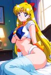 1girl adult_swim alluring bed big_breasts bishoujo_senshi_sailor_moon bishoujo_senshi_sailor_moon_r bishoujo_senshi_sailor_moon_r_the_movie bishoujo_senshi_sailor_moon_s bishoujo_senshi_sailor_moon_s_the_movie bishoujo_senshi_sailor_moon_supers bishoujo_senshi_sailor_moon_supers_the_movie blonde_hair blue_eyes minako_aino modified_costume pete_publishing toei_animation toonami under_boob