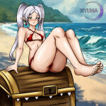 1girl alluring beach bikini blue_sky frieren frieren_beyond_journey's_end green_eyes kyunamaori medium_breasts ocean on_treasure_chest sousou_no_frieren white_hair