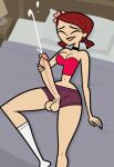 1futa 1girl accurate_art_style ai_generated balls bedroom big_penis cum ejaculation erection futanari pajama_pants pajama_shirt pajamas penis penis_out testicle total_drama_island zoey_(tdi)