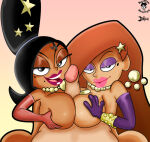 1girl 2_girls artist_logo beauty_mark big_breasts big_breasts big_penis bigtyme black_hair breasts dark_skin double_paizuri elbow_gloves eyeshadow female_focus ffm_threesome gloves hair_ornament huge_breasts lipstick long_gloves looking_at_viewer makeup male mr._bean:_the_animated_series mr._bean_(series) multiple_girls naked_female necklace nude oddrich orange_hair paizuri paizuri paizuri partial_male penis pov roxy_(mr._bean) straight the_female_celebrity threesome