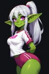 big_ass big_breasts buruma goblin goblin_female green_skin pink_eyes school_uniform silver_hair thick_thighs