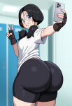 ai_generated bare_thighs big_ass big_ass big_breasts big_breasts bike_shorts black_hair blue_eyes blush bubble_butt dragon_ball dragon_ball_z fat_ass gigantic_ass grin holding_phone huge_breasts huge_thighs light-skinned_female light_skin looking_back massive_ass onlycakez peace_sign phone pigtails solo_female squatting sweat sweatdrop t-shirt thick_body thick_female thick_thighs thighs videl voluptuous voluptuous_female