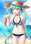 1girl beach bikini blue_bikini breasts cloud coca-cola cola collarbone day daytime female_only green_eyes green_hair hair_ribbon hat high_res ji_dao_ji lens_flare long_hair medium_breasts miku_hatsune navel ocean open_mouth ribbon side-tie_bikini sky solo_female straw_hat sun sun_hat swimsuit twin_tails very_long_hair vocaloid water