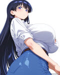  ai_generated bare_thighs big_ass big_ass black_hair fat_ass gigantic_ass gigantic_breasts gs_master huge_breasts huge_thighs jean_shorts light-skinned_female light_skin long_hair looking_down low-angle_view massive_ass massive_breasts mature_female nagi_arato purple_eyes ruri_no_houseki ruri_rocks sideboob solo_female squatting sweat sweatdrop thick_body thick_female thick_thighs thighs voluptuous voluptuous_female 