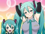 arms_behind_back arms_behind_head big_breasts blush breasts chibi hands_behind_back hands_behind_head hatsune_miku looking_at_viewer miku_hatsune smile vocaloid