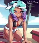 1girl 1girl bikini blush curly_hair heart itsgoldenrusher looking_at_viewer nintendo octoling octoling_girl para_(voidedparadigm) purple_eyes seiza splatoon_(series) splatoon_3 two-tone_hair