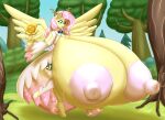 anthro blues64 breast_expansion fluttershy fluttershy_(mlp) gigantic_breasts mr.pink my_little_pony pink_hair surprised tail wings yellow_skin
