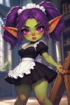 big_ass goblin goblin_female green_skin maid maid_uniform pink_eyes purple_hair