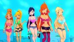 5girls blonde_hair bloom_(winx_club) breasts clothed daphne_(winx_club) female_only flora_(winx_club) musa_(winx_club) outside panties red_hair revealing_clothes sluts stella_(winx_club) stockings winx_club yellow_eyes zfive