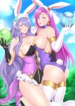 1girl 2_girls absurd_res alluring animal_ears ass bare_shoulders big_breasts black_gloves blue_eyes blush breasts brunnya_(fire_emblem) camilla_(fire_emblem) cleavage easter easter_egg egg elbow_gloves fake_animal_ears female_focus fire_emblem fire_emblem:_the_binding_blade fire_emblem_fates fire_emblem_heroes fire_emblem_warriors from_behind gloves hair_over_one_eye high_res intelligent_systems kaos_art kaoster1 kneel long_hair looking_at_viewer matching_hair/eyes multiple_girls nintendo playboy_bunny purple_eyes purple_hair rabbit_ears rabbit_tail shiny_clothes shiny_skin smile stockings tail very_long_hair white_gloves