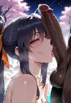 1boy1girl 1girl ai_generated akeno_himejima cum curvy curvy_female curvy_figure dark-skinned_male dark_skin fellatio high_school_dxd licking_penis long_hair night night_sky nude onsen ponytail sex