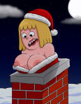 1girl 1girl 2020 blonde_hair breasts cartoon_network christmas clarence holidays inconvenient_breasts mary_wendell milf milf mommy nipples santa_hat stuck stuck_in_chimney tagme takeshi1000 warner_bros warner_brothers