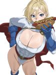 1girl 1girl alien alien_girl big_breasts big_breasts big_breasts blonde_female blonde_hair blue_eyes boob_window breasts cleavage clothed curves curvy dc_comics dc_comics enargeia enargeia5525 female_only food hot_dog hot_dog_bun huge_breasts kryptonian light-skinned_female light_skin mostly_clothed power_girl superheroine superheroine_costume superman_(series)