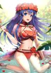 1girl 1girl alluring bikini blue_eyes blue_hair blush female_focus fire_emblem fire_emblem:_the_binding_blade fire_emblem_heroes flower gloves gonzarez hair_flower hair_ornament hat headband high_res intelligent_systems lilina_(fire_emblem) lilina_(summer)_(fire_emblem) looking_at_viewer medium_breasts navel nintendo red_bikini smile swimsuit water