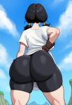 ai_generated back_view backboob bare_thighs big_ass big_ass bike_shorts black_hair dragon_ball dragon_ball_z fat_ass gigantic_ass gigantic_breasts huge_breasts huge_thighs light-skinned_female light_skin massive_ass massive_breasts onlycakez pigtails pussy_visible_through_clothes solo_female squatting sweat sweatdrop t-shirt thick_body thick_female thick_thighs thighs videl voluptuous voluptuous_female