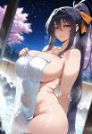 1girl ai_generated akeno_himejima curvy curvy_female curvy_figure high_school_dxd long_hair night night_sky nude onsen ponytail towel