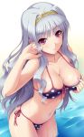 anime big_breasts bikini breasts censored character_request cute ecchi finger_censor front-tie_bikini looking_at_viewer polka_dot polka_dot_bikini series_request side-tie_bikini silver_hair smile white_hair