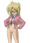 1girl 1girl 1girl big_breasts big_breasts blonde_hair bottomless breasts glasses huge_breasts long_hair looking_at_viewer magna_dragon_(artist) open_clothes open_shirt pussy rebecca_hawkins rebecca_hopkins short_stack shortstack smug yu-gi-oh! yu-gi-oh!_duel_links yu-gi-oh!_duel_monsters