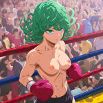 box boxing_gloves boxing_ring green_eyes green_hair medium_breasts medium_hair muscular_female nekom14 nipples one-punch_man tatsumaki tatsumaki_(one-punch_man) topless