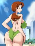  1_girl 1girl ass beach big_ass big_breasts darm_engine delia_ketchum female female_human female_only green_swimsuit hanako_(pokemon) human looking_at_viewer mostly_nude one-piece_swimsuit outdoor outside pokemon solo standing swimsuit 