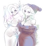 1girl 2_girls bare_shoulders beanie big_breasts black_dress breasts cleavage dress earrings female_only gloves jewelry long_dress mev_(mevlingo) necklace nintendo norishiitsu para_(voidedparadigm) splatoon_(series) splatoon_3 strapless strapless_dress tentacle_hair white_dress