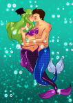 1boy 1girl bra breasts breasts_out darkstalkers demon female green_hair kissing long_hair male merfolk mermaid mermaid_tail mermaid_transformation monster_girl morrigan_aensland pronon1990 small_breasts solo succubus underwater vampire_(game) vampire_savior