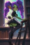 big_ass goblin goblin_female green_skin maid maid_uniform pink_eyes purple_hair