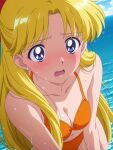  1girl adult_swim alluring bikini bishoujo_senshi_sailor_moon bishoujo_senshi_sailor_moon_r bishoujo_senshi_sailor_moon_r_the_movie bishoujo_senshi_sailor_moon_s bishoujo_senshi_sailor_moon_s_the_movie bishoujo_senshi_sailor_moon_supers bishoujo_senshi_sailor_moon_supers_the_movie blonde_hair blue_eyes blue_sky cleavage free_spirit_(artist) medium_breasts minako_aino nervous ocean orange_bikini toei_animation toonami wet 
