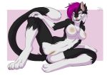  1girl 1girl 2016 4_toes 5_fingers anthro areola black_and_white_fur breasts clitoris ear_piercing feline fur furry hair ifus looking_at_viewer lying mammal nipples nude on_side piercing presenting presenting_pussy purple_hair pussy spread_legs spreading toes 