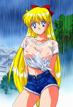 1girl accurate_art_style alluring big_breasts bishoujo_senshi_sailor_moon bishoujo_senshi_sailor_moon_r bishoujo_senshi_sailor_moon_r_the_movie bishoujo_senshi_sailor_moon_s bishoujo_senshi_sailor_moon_s_the_movie bishoujo_senshi_sailor_moon_supers bishoujo_senshi_sailor_moon_supers_the_movie blonde_hair blue_eyes breasts_visible_through_clothing minako_aino nude on_bed see_through shorts toei_animation toonami wet_clothes wet_shirt wolf_(artist)
