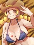 >:) <3 1girl bare_arms bare_shoulders bikini blonde_hair blue_bikini blush breasts brown_hat cleavage closed_mouth covered_nipples cowboy_hat deep_skin hat heart heart-shaped_pupils heart_eyes kiss_mark large_breasts lipstick_mark long_hair midriff nakaba npc pokemon pokemon_(game) pokemon_breeder pokemon_breeder_(pokemon) pokemon_sm shiny shiny_skin shocker solo swimsuit symbol-shaped_pupils twintails yellow_eyes