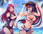2girls alear_(female)_(fire_emblem) alear_(female)_(seaside_dragon)_(fire_emblem) alear_(fire_emblem) alluring bare_arms beach big_breasts bikini blue_and_red_hair blue_bikini blue_one-piece_swimsuit blush cleavage clothes_theft crossed_bangs evomanaphy fire_emblem fire_emblem_engage fire_emblem_heroes hat high_res intelligent_systems ivy_(fire_emblem) ivy_(summer)_(fire_emblem) long_hair multicolored_hair multiple_girls navel nintendo ocean official_alternate_costume official_alternate_hairstyle one-piece_swimsuit outside ponytail red_bikini red_hair split-color_hair stomach sun_hat swimsuit theft thighs two-tone_hair very_long_hair white_bikini wide-eyed wide_hips