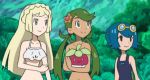 3_girls 3girls anime bikini blonde_hair blue_eyes blue_hair bounsweet braid braids flower green_eyes green_hair hair_flower happy lana lillie lillie_(pokemon) mallow mallow_(pokemon) mao_(pokemon) multiple_girls pokemon pokemon_(anime) pokemon_sm smile staryu suiren_(pokemon) twin_braids twintails twitter