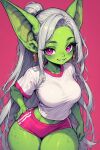 big_ass big_breasts buruma goblin goblin_female green_skin pink_eyes school_uniform silver_hair thick_thighs