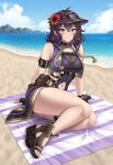 1girl aged_up alluring beach black_hair cleavage dualbloodlines fire_emblem fire_emblem_awakening intelligent_systems medium_breasts morgan_(fire_emblem) morgan_(fire_emblem)_(female) nintendo outside purple_eyes swimsuit thighs towel