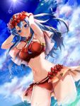 1girl 1girl alluring beach bikini blue_eyes blue_hair cowboy_shot day female_focus fire_emblem fire_emblem:_the_binding_blade fire_emblem_heroes high_res intelligent_systems lilina_(fire_emblem) lilina_(summer)_(fire_emblem) long_hair looking_at_viewer nekolook nintendo outside red_bikini sky sparkle stomach swimsuit waist_cape water