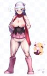 2017 2girls =3 bare_shoulders blonde_hair blue_eyes blue_hair blush boots breasts chibi creatures_(company) cynthia_(pokemon) dated dawn_(pokemon) game_freak hair_over_one_eye hat heart heart_eyes hikari_(pokemon) huge_breasts humans_of_pokemon inverted_nipples large_breasts long_hair looking_at_viewer multiple_girls nintendo nipples pokemon pokemon_(anime) pokemon_(game) pokemon_black_2_&_white_2 pokemon_black_and_white pokemon_bw pokemon_bw2 pokemon_diamond_pearl_&_platinum pokemon_dppt pubic_hair revision scarf shiroinuchikusyo shirona_(pokemon) signature simple_background smile thighs translated undersized_clothes white_background