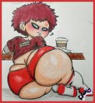 1boy big_ass book clothing dat_ass gaara huge_ass looking_at_viewer male male_only naruto raikomedes raikutaku red_border sitting socks thick_thighs