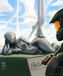 1girl alien anthro armor breasts claws cloud digitigrade doodle drawing halo_(series) hand_on_hip lying master_chief nude on_side orange_eyes pussy sangheili sweat video_games wide_hips zaggatar