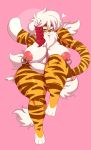 <3 1girl 1girl 2017 3_toes anthro areola armpits big_breasts breasts buxbi_(character) claws feline fur furry hair half-closed_eyes hand_behind_head high_res looking_at_viewer mammal nipple_piercing nipples orange_eyes orange_fur piercing pink_background pink_nose simple_background slightly_chubby smile sssonic2 stripes thick_thighs tiger toes white_hair