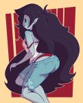 1girl 1girl adventure_time ass big_ass black_hair bra cartoon_network clothed clothing cute_fangs dabbledraws ear_piercing hair long_hair marceline not_furry piercing pointy_ears shirt shorts smile tank_top torn_clothing underwear vampire