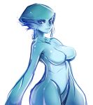 1girl 1girl animal_ears big_breasts blue_skin breasts earrings fish_girl jewelry maniacpaint monster_girl no_nipples nude ocarina_of_time older princess_ruto purple_eyes smile the_legend_of_zelda zora