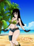 1girl beach big_breasts bikini_top black_eyes black_hair breasts dicasty dicasty1 dragon_ball dragon_ball_super female female_only future_mai long_hair looking_at_viewer mai_(dragon_ball) ocean outside palm_tree smile solo solo_female