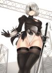  1girl asanuma black_legwear blindfold breasts dress gloves hairband highres katana nier:_automata nier_(series) panties short_hair silver_hair stockings sword underwear weapon white_panties yorha_no._2_type_b 