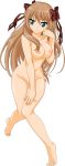  1girl 1girl absurd_res barefoot big_breasts blush breasts brown_hair erect_nipples feet green_eyes high_res legs long_hair mayoi_neko_overrun! navel nipples nude nude_filter photoshop pussy ribbon serizawa_fumino tagme thighs uncensored vector_trace very_long_hair 