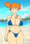 1girl 90s bikini blue_bikini blue_eyes breasts cameltoe cleavage dark_blue_bikini erect_nipples erect_nipples_under_clothes exhibitionism eyebrows eyelashes huge_breasts midriff misty most_body navel navy_blue_bikini nintendo nipples orange_hair pokemon pokemon_(anime) pokemon_(game) short_hair side_ponytail smile swimsuit toshiso_(artist)